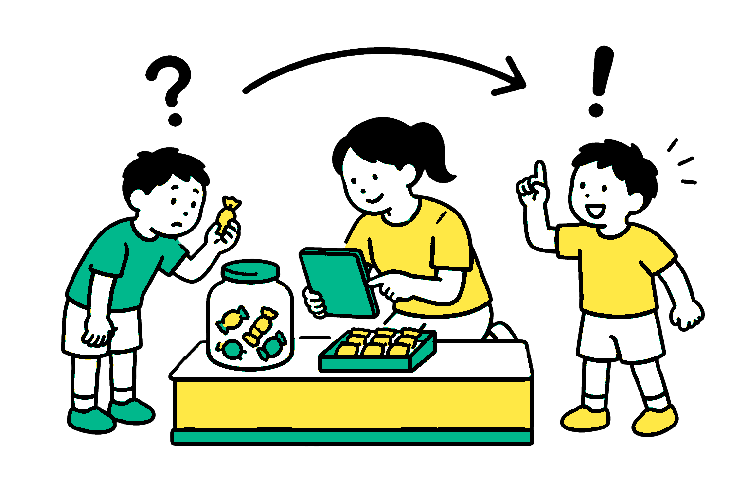 駄菓子屋での親子のやり取りを描いたイラスト
